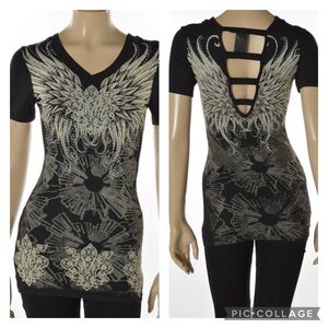 Bus Stop Los Angeles Vneck Fleur de lis Angelwing